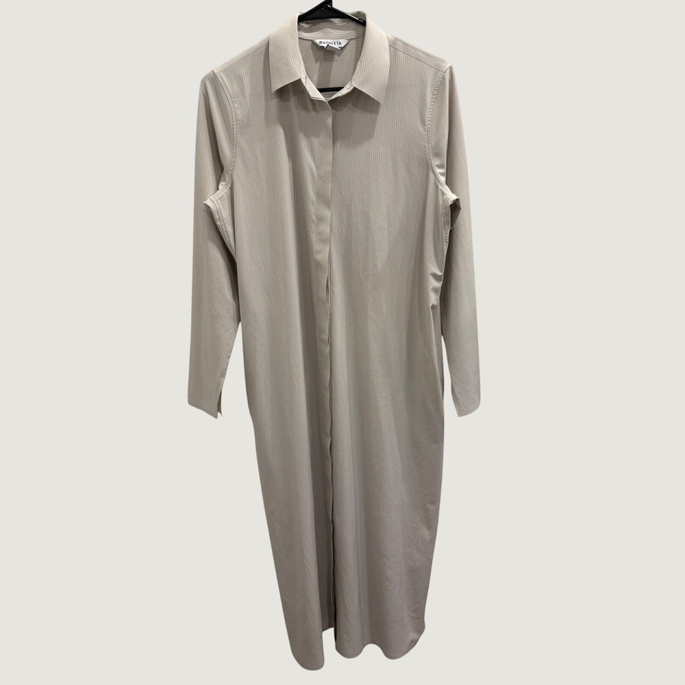 Athleta Urbanite Textured Dress City Stripe Cream White Midi Shirt Dress Small